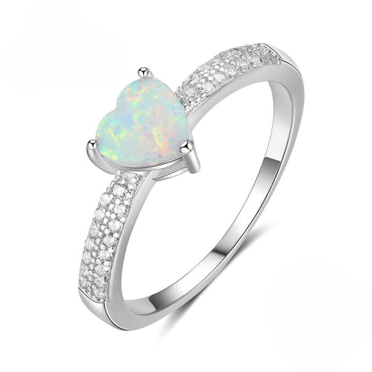 Planderful Jewelry Sterling Silver Opal Ring Heart Shaped Design With Zircon Accent For Elegant Everyday Wear