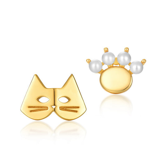 Cute Cat and Cat Palm Pearl Asymmetric Sterling Silver Stud Earrings