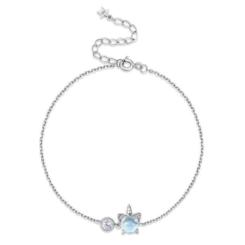 Round Natural Blue Topaz Cute Fantasy Unicorn Zircon Sterling Silver Bracelet