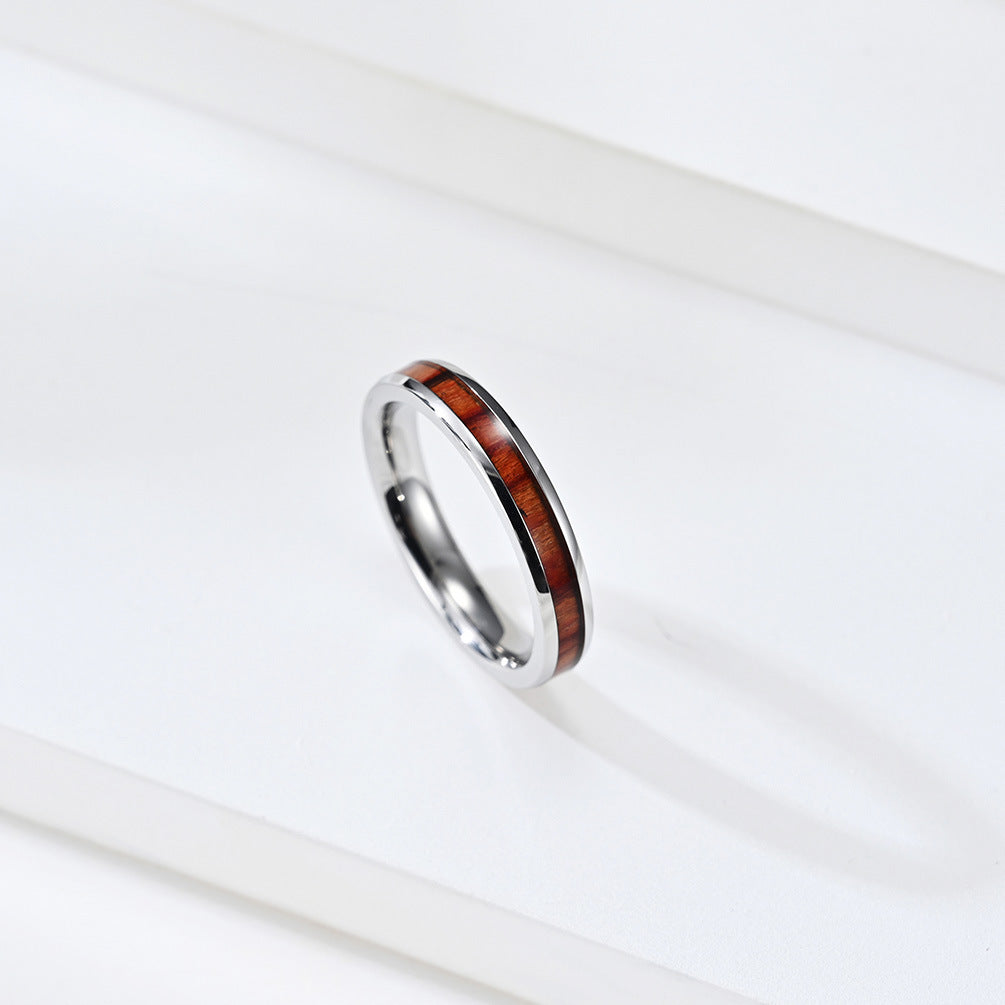 4/6/8mm Wood & Leather Inlay Stainless Steel Ring