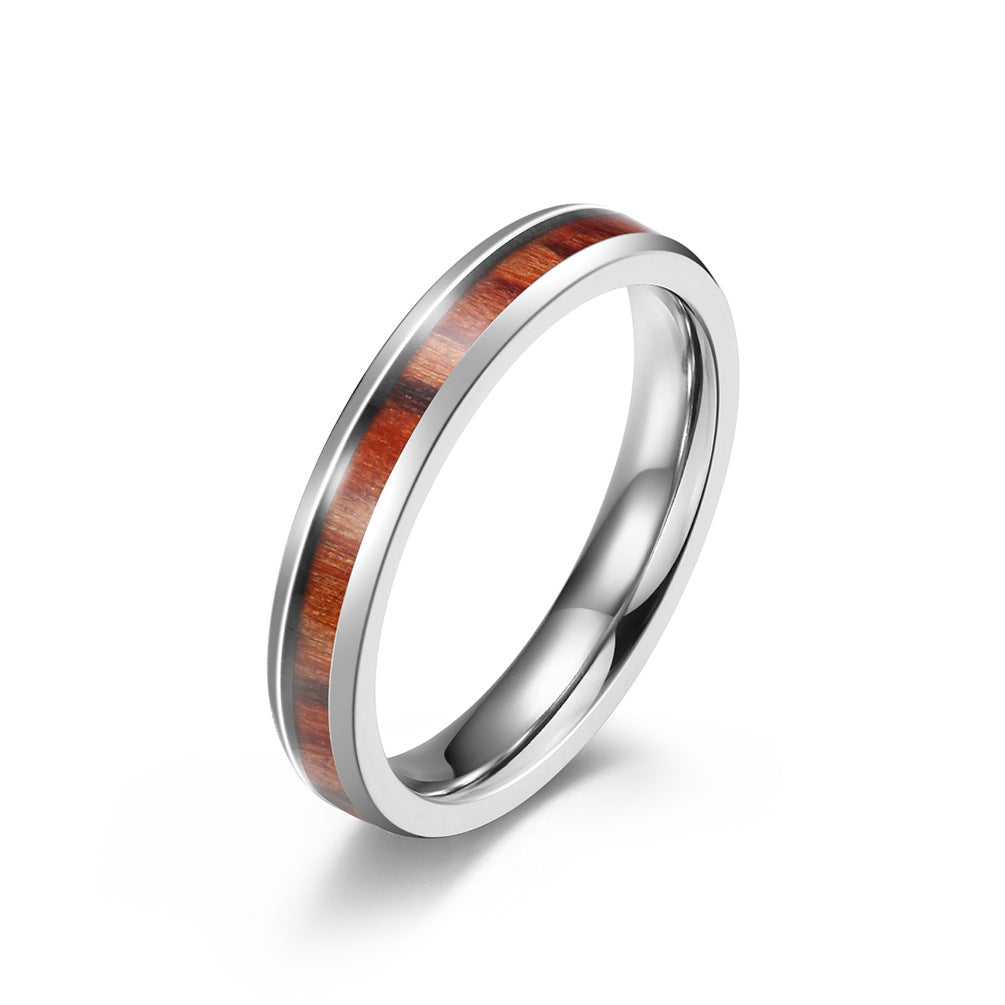 4/6/8mm Wood & Leather Inlay Stainless Steel Ring
