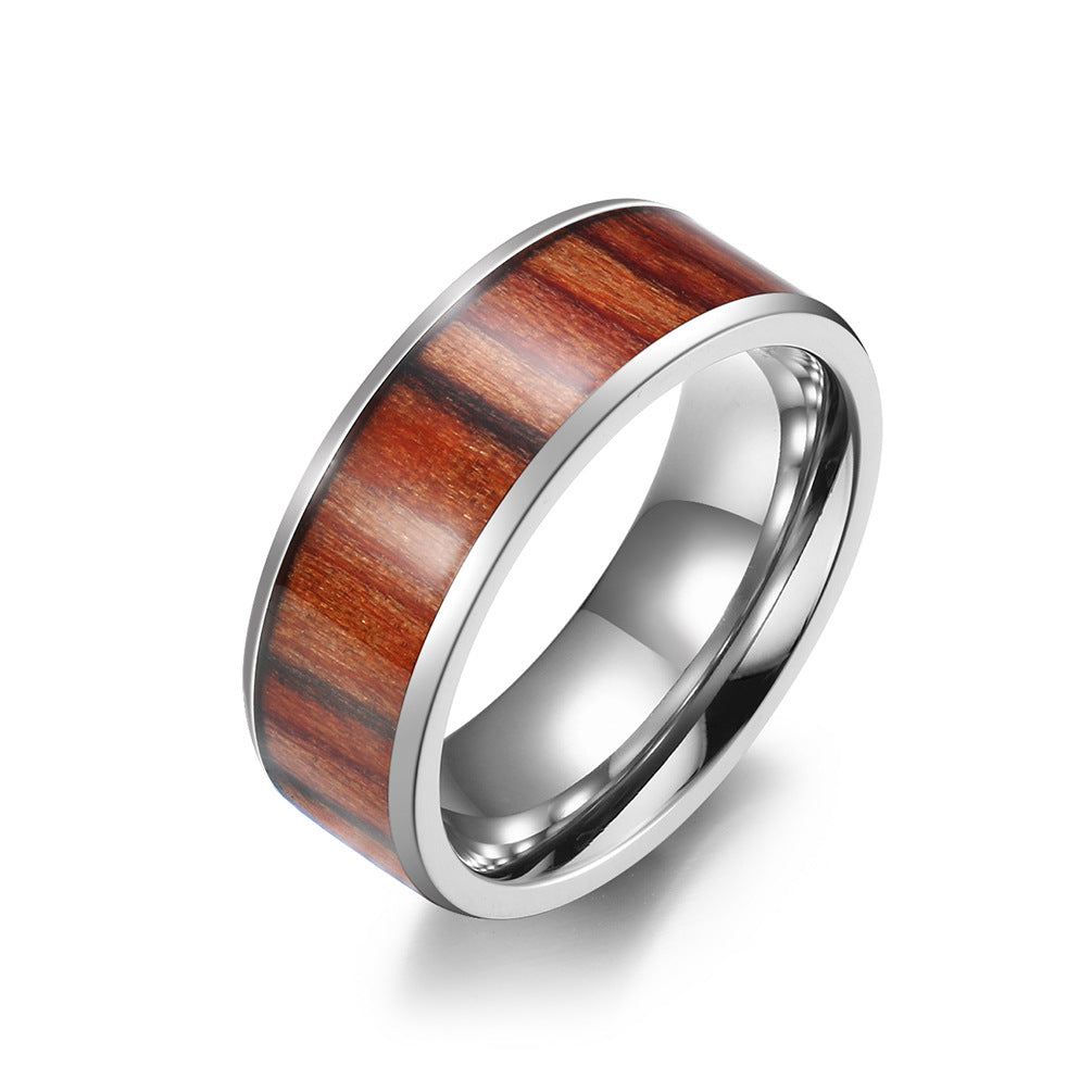 4/6/8mm Wood & Leather Inlay Stainless Steel Ring