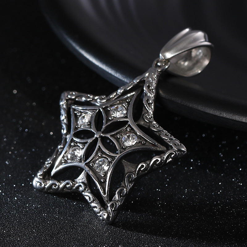European-American Retro Star Pendant with Diamond Accent - Men's Stainless Steel Jewelry Piece