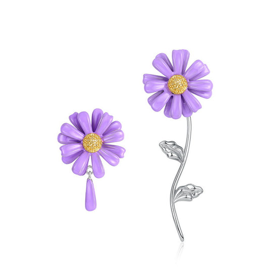 Enamel Purple Daisy Zircon Asymmetrical Sterling Silver Earrings