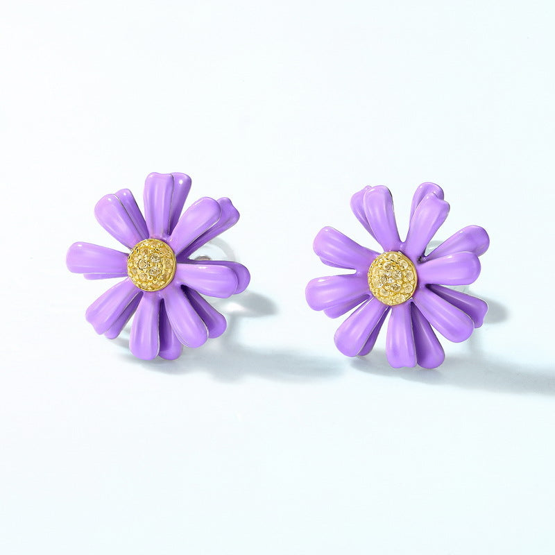 Enamel Purple Daisy Zircon Sterling Silver Stud Earrings