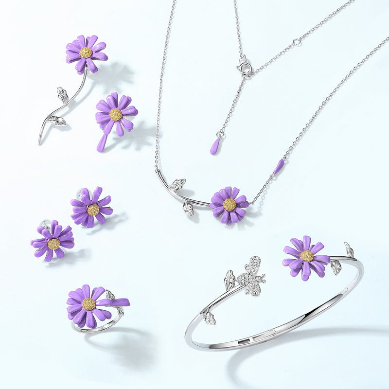 Enamel Purple Daisy Zircon Bee Sterling Silver Bracelet
