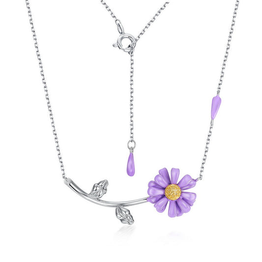 Enamel Purple Daisy Pendant Zircon Sterling Silver Necklace
