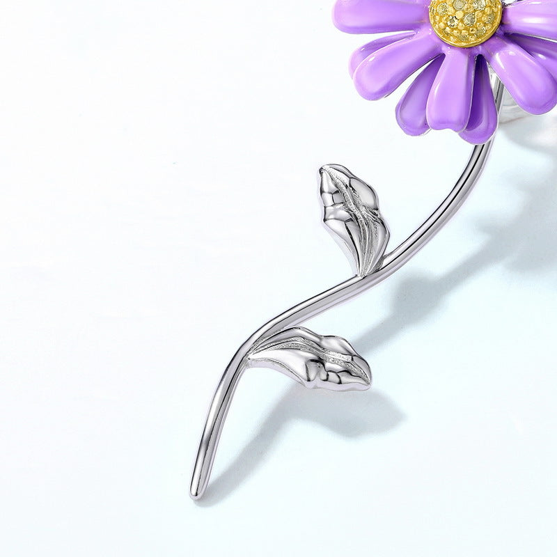 Enamel Purple Daisy Zircon Asymmetrical Sterling Silver Earrings
