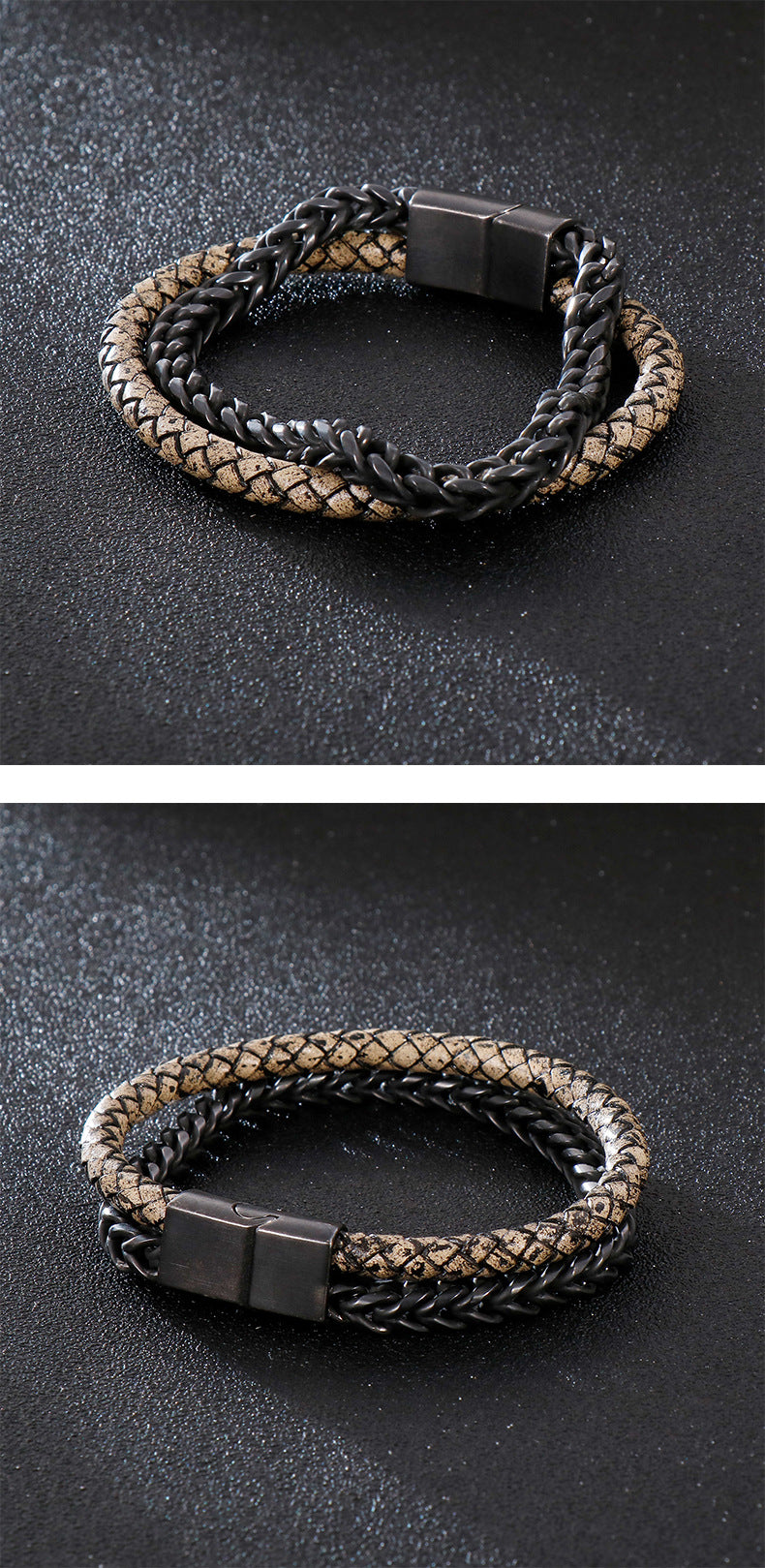 Planderful Punk Double Layer Leather Chain Bracelet For Men