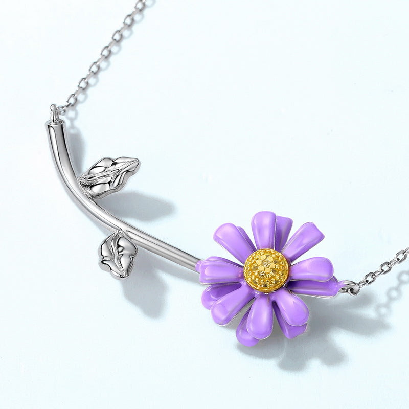 Enamel Purple Daisy Pendant Zircon Sterling Silver Necklace