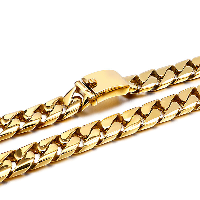 Stainless Steel Men's Cuban Chain Necklace, Titanium Steel Electroplated 18k Gold Thick Chain