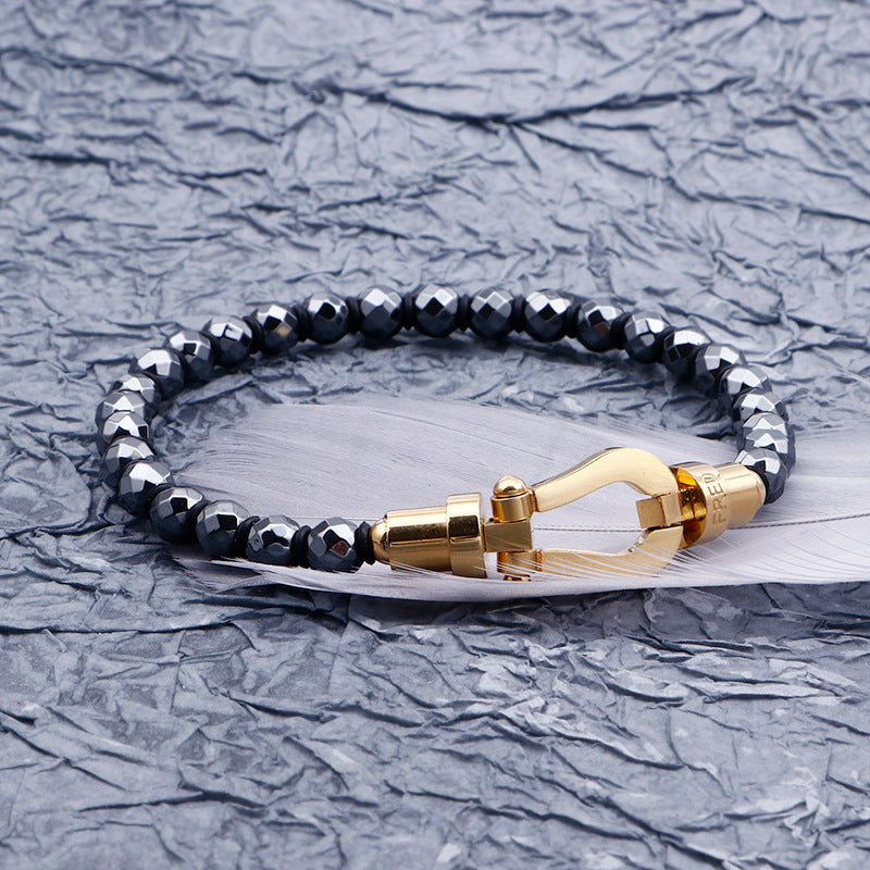 Trendy Handmade Red Iron Stone Beaded Bracelet with Personalized Stainless Steel Barbell and Turquoise Accents for Men