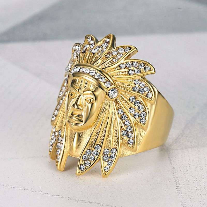 Planderful Collection Hip Hop Ring For Men Titanium Steel Gold Plated Zircon Indian Chief Bold Statement