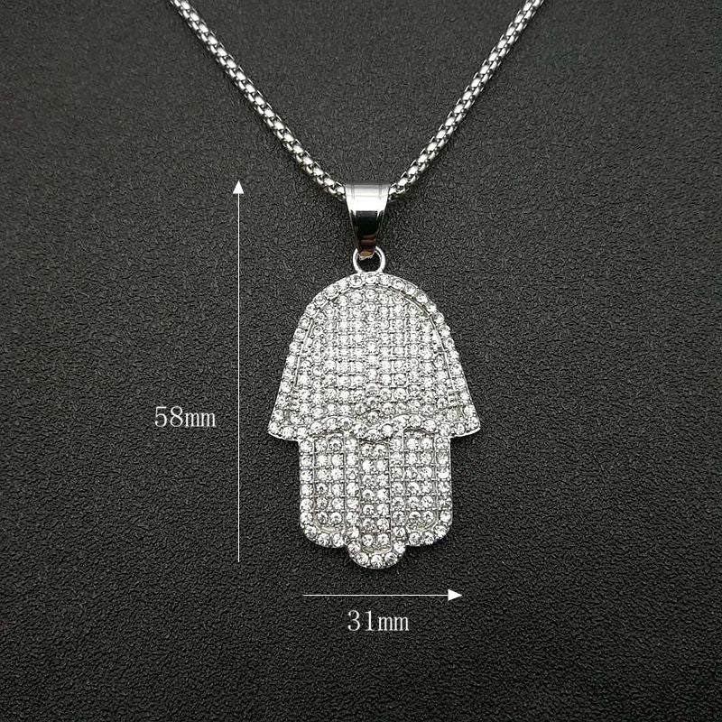Planderful Hip Hop Jewelry Unisex Titanium Steel Gold Plated Zircon Fatima Hand Pendant Necklace