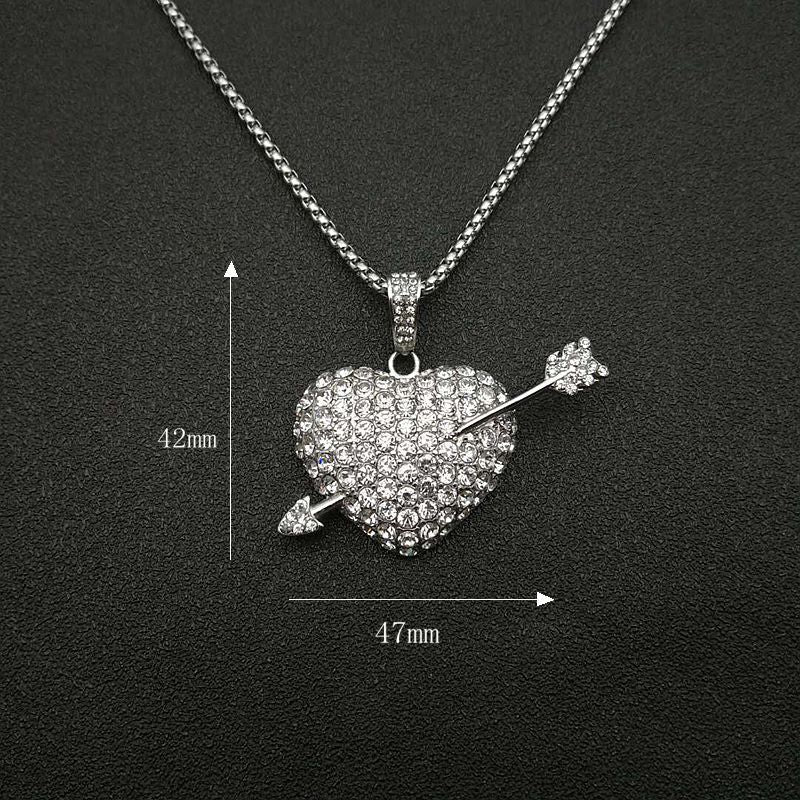 Planderful Hip Hop Jewelry Necklace Titanium Steel Gold Plated Zircon Arrow Through Heart Pendant For Streetwear Fans