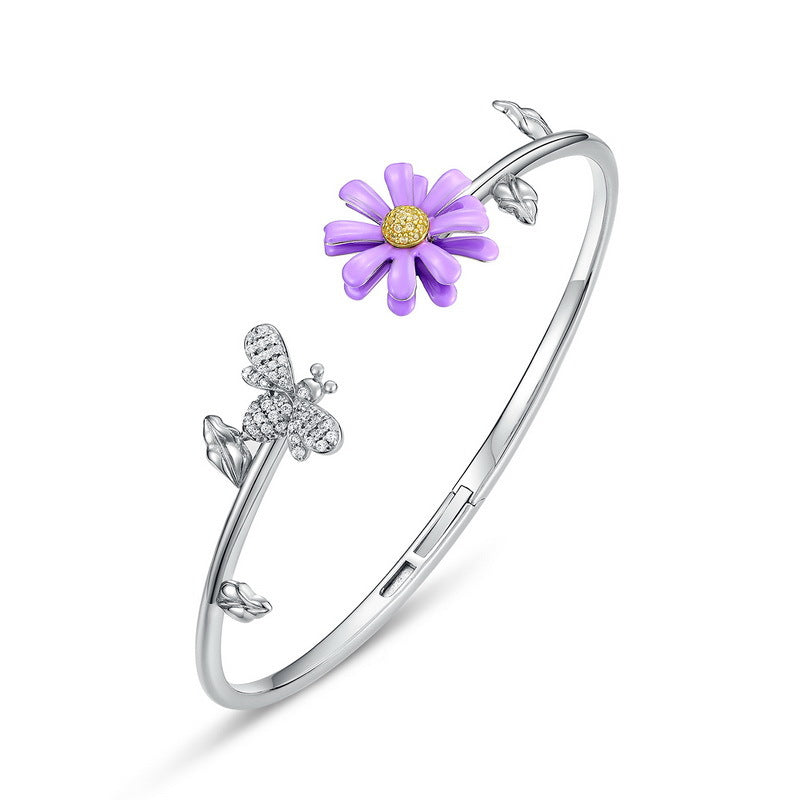 Enamel Purple Daisy Zircon Bee Sterling Silver Bracelet
