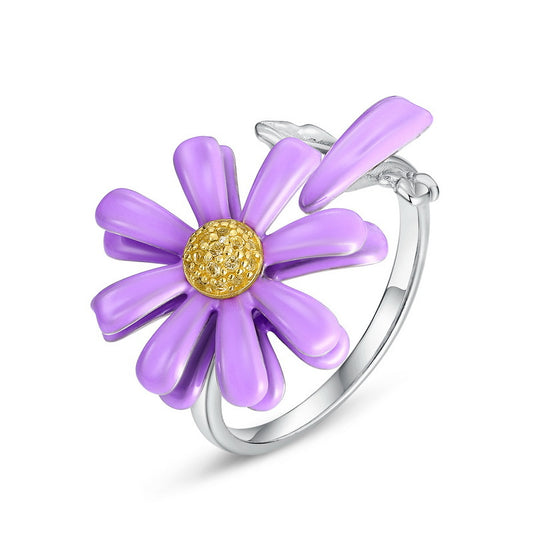Enamel Purple Daisy Zircon Opening Sterling Silver Ring