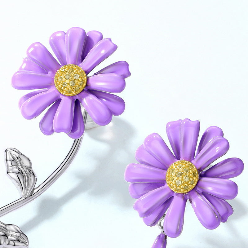 Enamel Purple Daisy Zircon Asymmetrical Sterling Silver Earrings