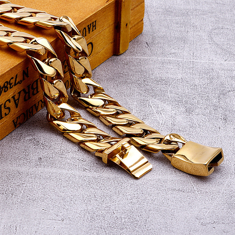 Stainless Steel Men's Cuban Chain Necklace, Titanium Steel Electroplated 18k Gold Thick Chain
