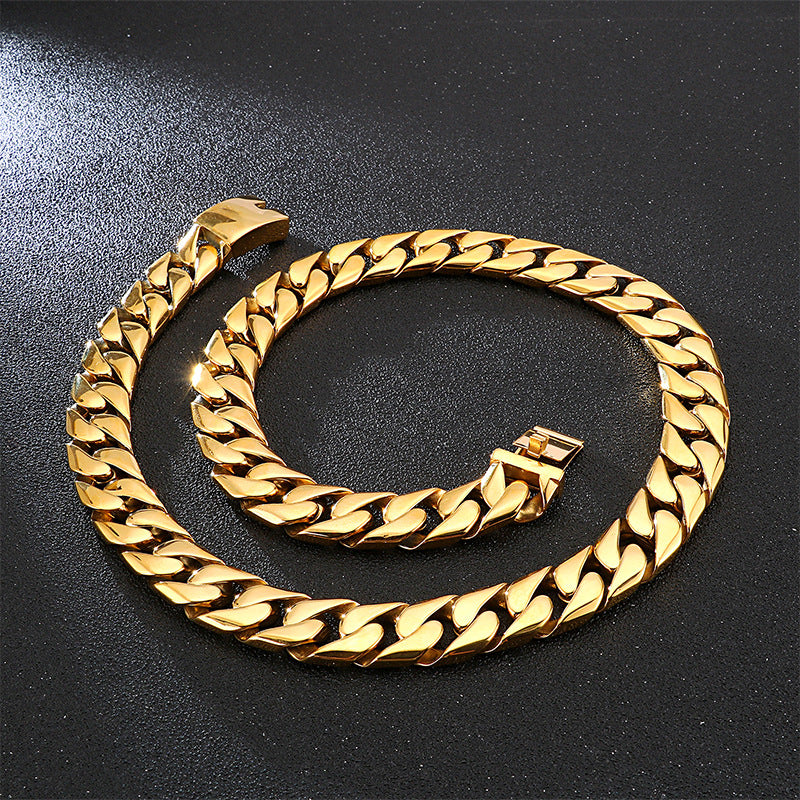 Stainless Steel Men's Cuban Chain Necklace, Titanium Steel Electroplated 18k Gold Thick Chain