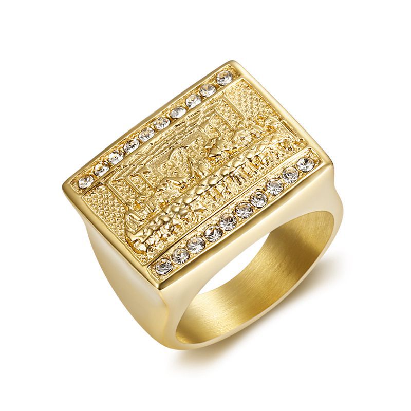 Planderful Titanium Steel Gold Plated Hip Hop Ring For Men With Judas Thirteen Apostles Painting