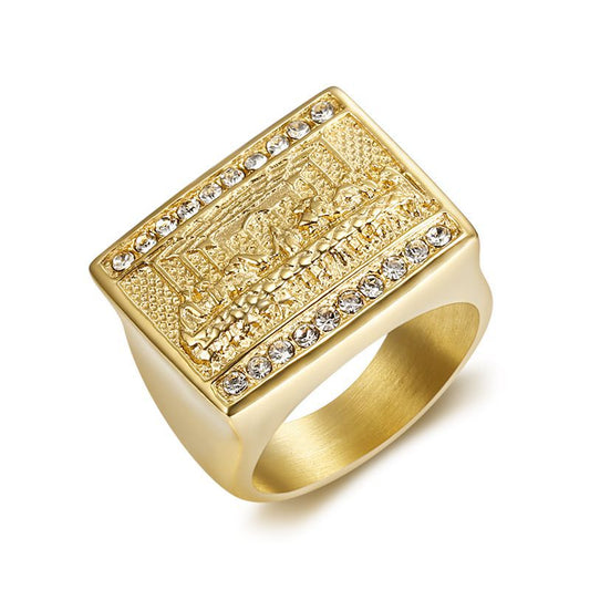 Planderful Titanium Steel Gold Plated Hip Hop Ring For Men With Judas Thirteen Apostles Painting