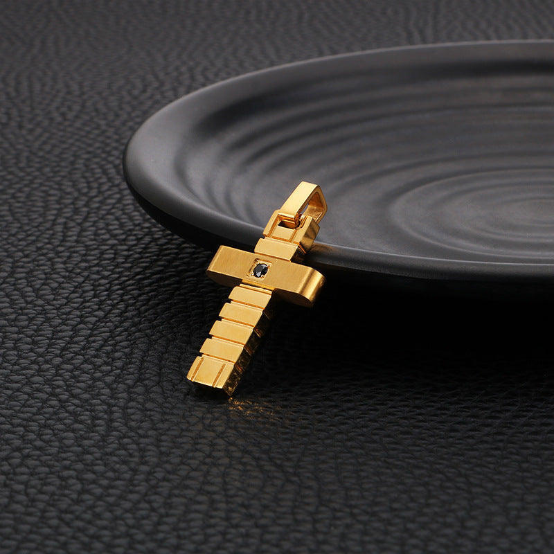 Simple and Stylish Stainless Steel Zircon Pendant with Mini Fashion Cross - Men's Golden Pendant