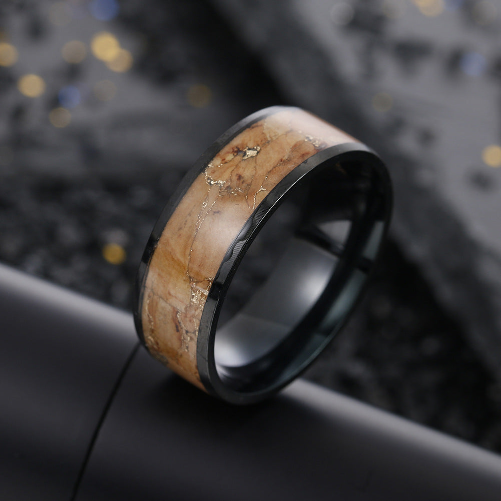 Golden Wood Grain Steel Ring for Men - Retro Style Jewelry Wholesale
