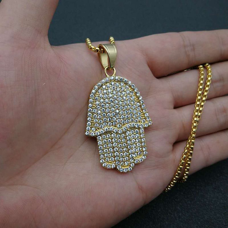 Planderful Hip Hop Jewelry Unisex Titanium Steel Gold Plated Zircon Fatima Hand Pendant Necklace