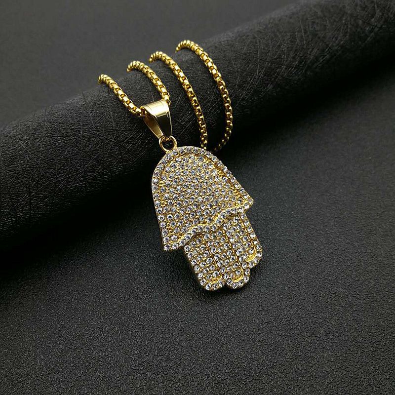 Planderful Hip Hop Jewelry Unisex Titanium Steel Gold Plated Zircon Fatima Hand Pendant Necklace