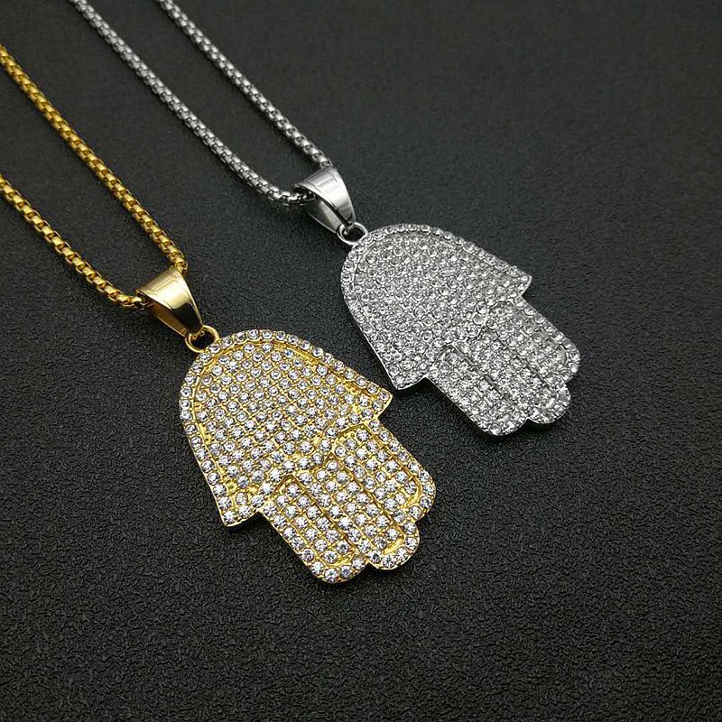 Planderful Hip Hop Jewelry Unisex Titanium Steel Gold Plated Zircon Fatima Hand Pendant Necklace