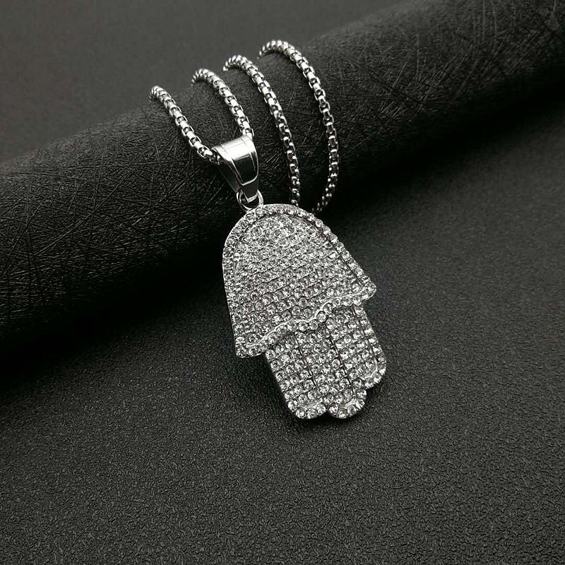 Planderful Hip Hop Jewelry Unisex Titanium Steel Gold Plated Zircon Fatima Hand Pendant Necklace