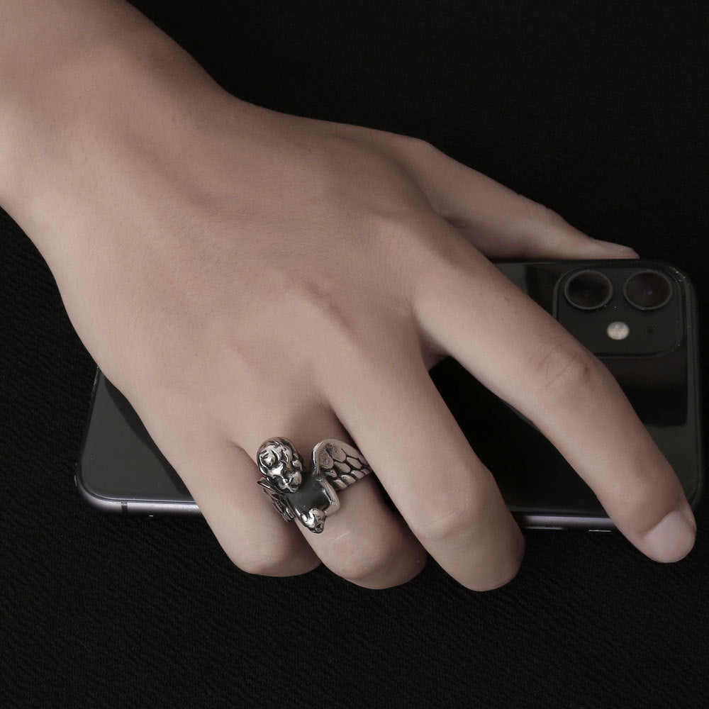 Personalized Titanium Steel Winged Angel Ring for Men - European and American Cross-Border Design