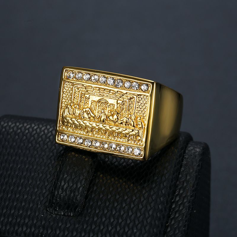 Planderful Titanium Steel Gold Plated Hip Hop Ring For Men With Judas Thirteen Apostles Painting