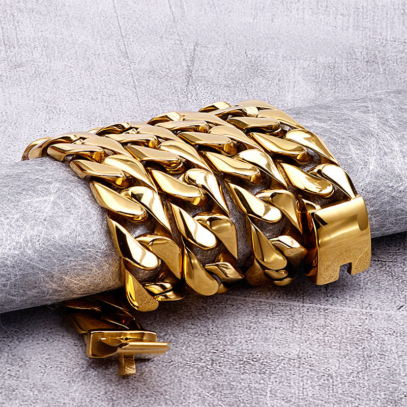 Stainless Steel Men's Cuban Chain Necklace, Titanium Steel Electroplated 18k Gold Thick Chain
