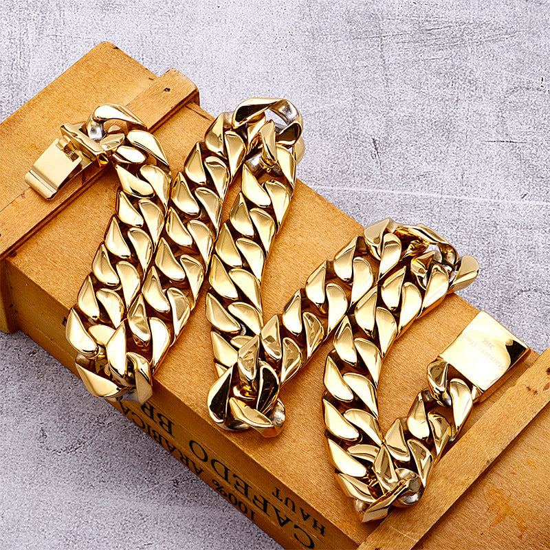 Stainless Steel Men's Cuban Chain Necklace, Titanium Steel Electroplated 18k Gold Thick Chain