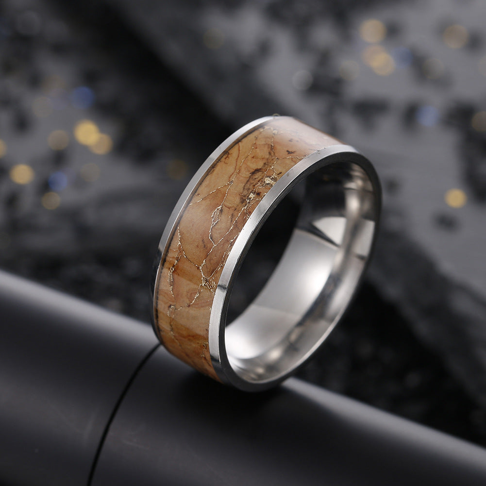 Golden Wood Grain Steel Ring for Men - Retro Style Jewelry Wholesale