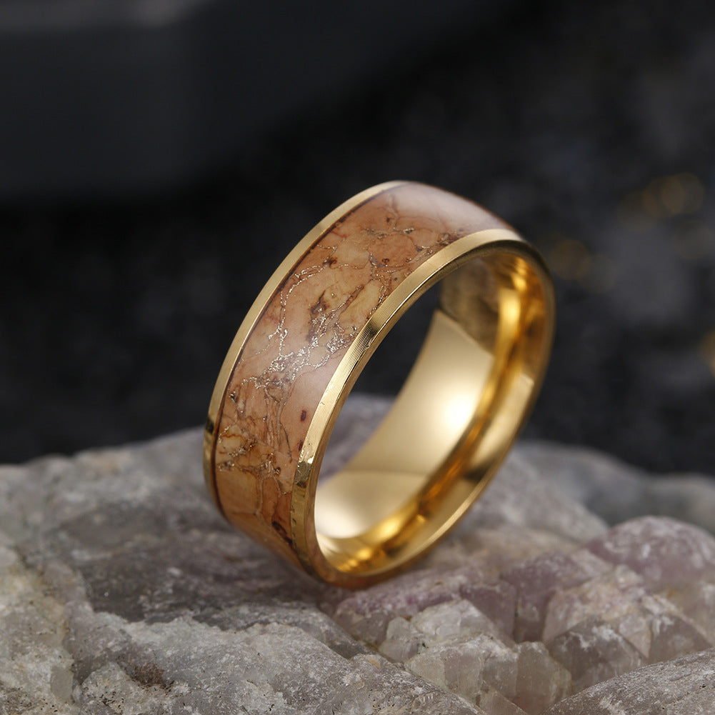 Golden Wood Grain Steel Ring for Men - Retro Style Jewelry Wholesale