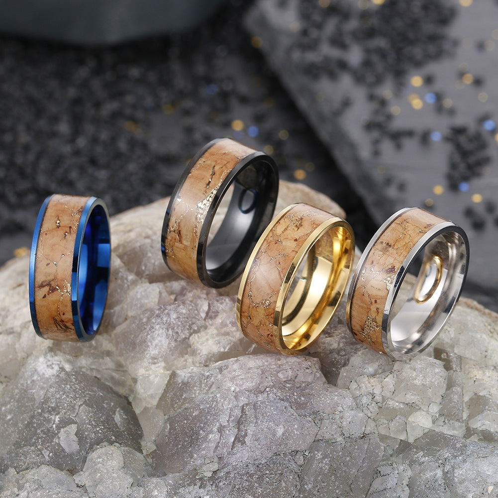 Golden Wood Grain Steel Ring for Men - Retro Style Jewelry Wholesale