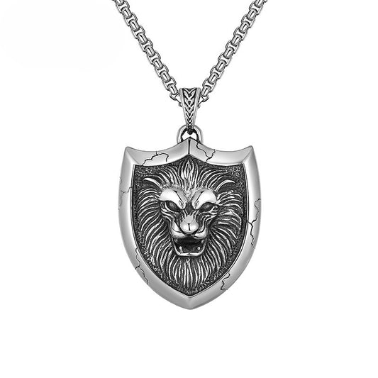 Steel Necklace - Vintage Unisex Lion Shield Pendant