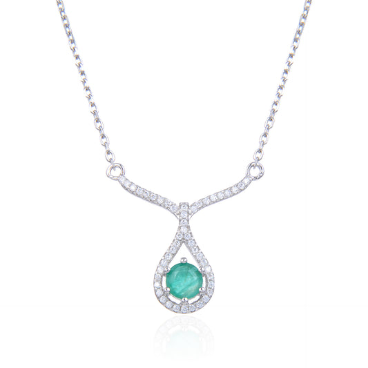V Shape Water Droplet Round Cut Natural Gemstone Silver Necklace