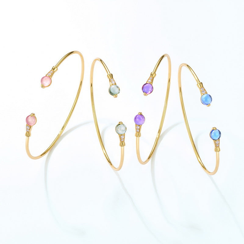 Colourful Round Crystal Zircon Golden Opening Sterling Silver Bracelet