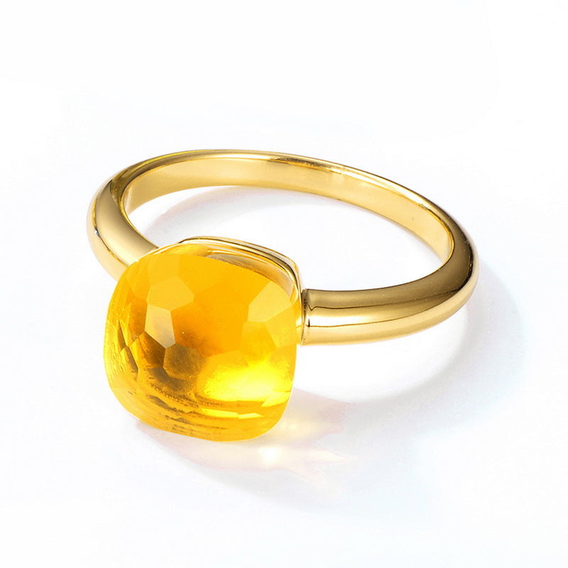 Candy Square Synthetic Crystal Golden Colour Sterling Silver Ring