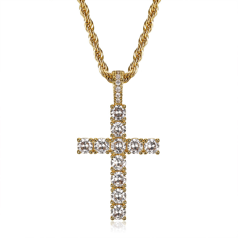 Zircon Necklace - Statement Hip-Hop Cross Gold Plated Steel Pendant Accessory For Everyday Glam