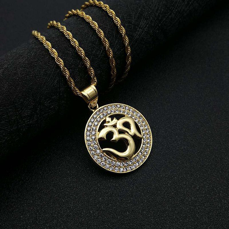 Hip Hop Necklace Om Pendant Titanium Steel Gold Plated Zircon Planderful Unisex Urban Fashion Accessory