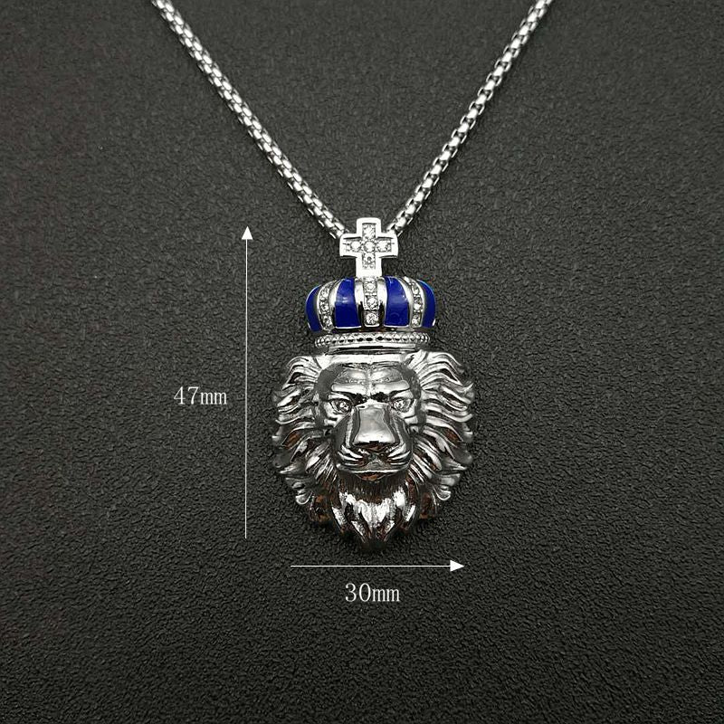 Steel Necklace - Statement Crown Lion Head Pendant With Gold Plating And Zircon Accents
