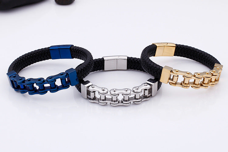 Locomotive Style Woven Leather Rope Men's Bracelet – Man Magnetic Buckle Bicycle Chain