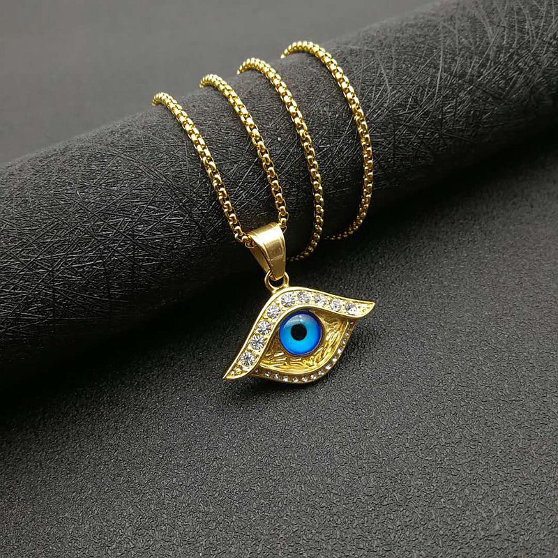 Planderful Hip Hop Jewelry Necklace Gold Plated Titanium Steel Turquoise Turkish Blue Eye Pendant With Zircon For Men