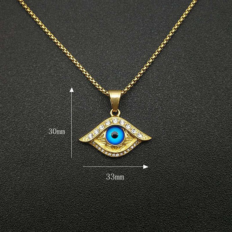 Planderful Hip Hop Jewelry Necklace Gold Plated Titanium Steel Turquoise Turkish Blue Eye Pendant With Zircon For Men