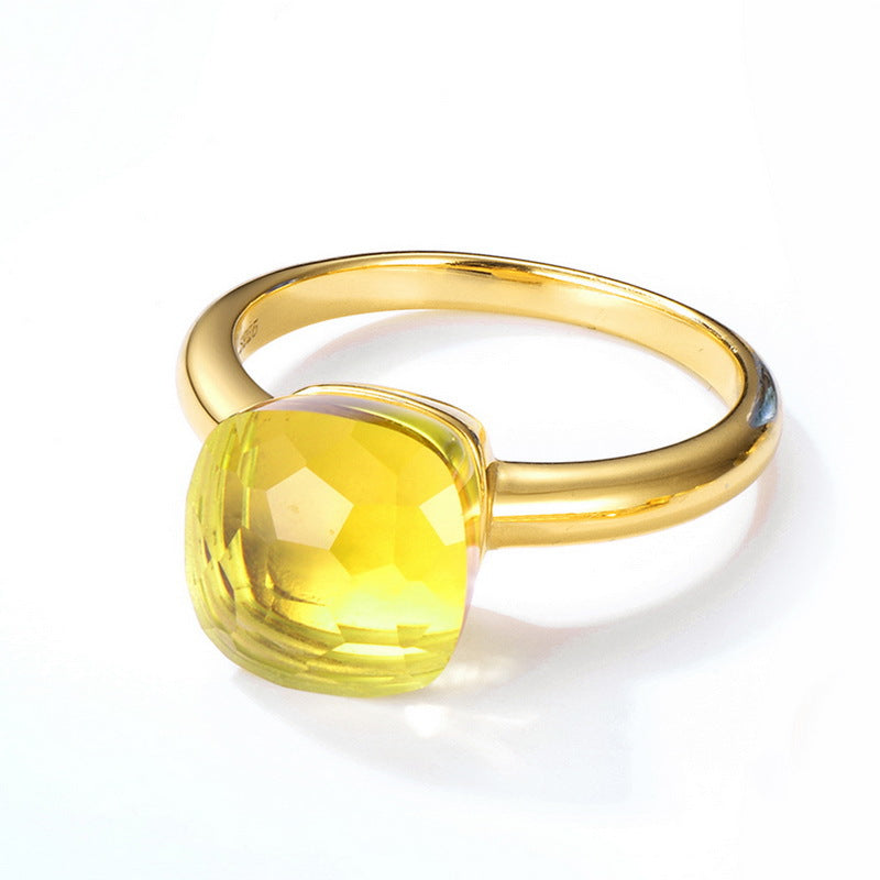 Candy Square Synthetic Crystal Golden Colour Sterling Silver Ring
